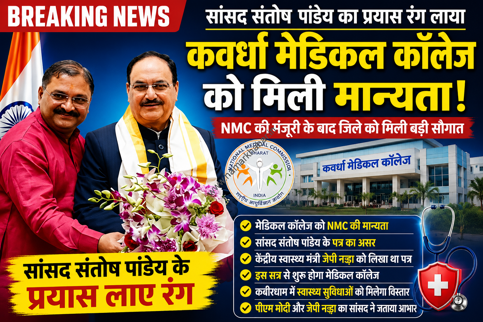 कवर्धा मेडिकल कॉलेज को मिली एनएमसी की मान्यता, सांसद संतोष पांडेय के प्रयास लाए रंग